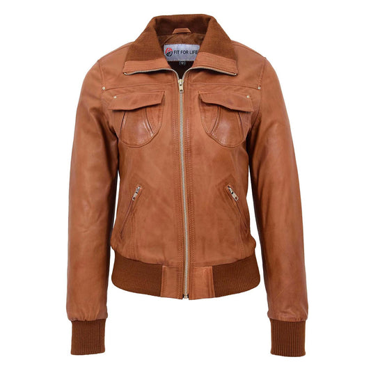 Womens Leather Classic Bomber Jacket Motto Tan