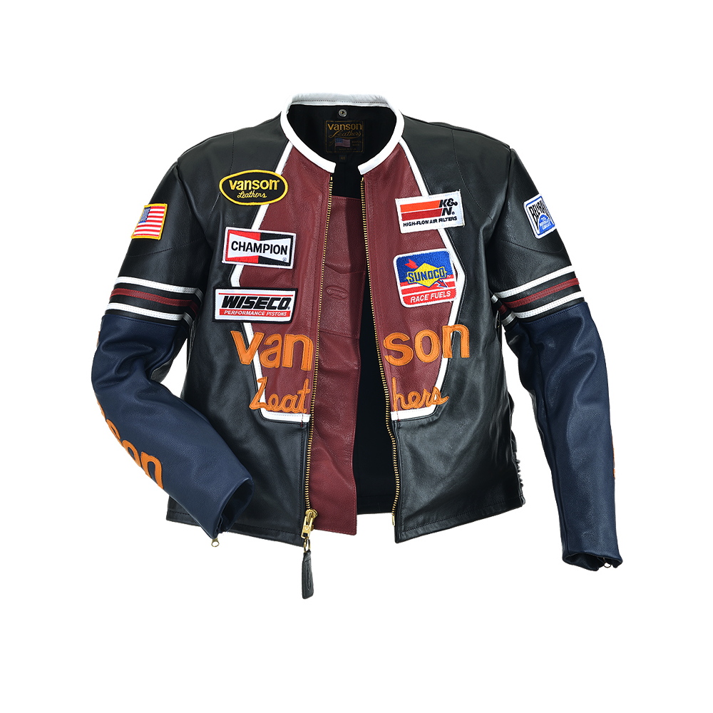 Vanson Star Jacket Leather Jacket Black + Red Competition Lea.