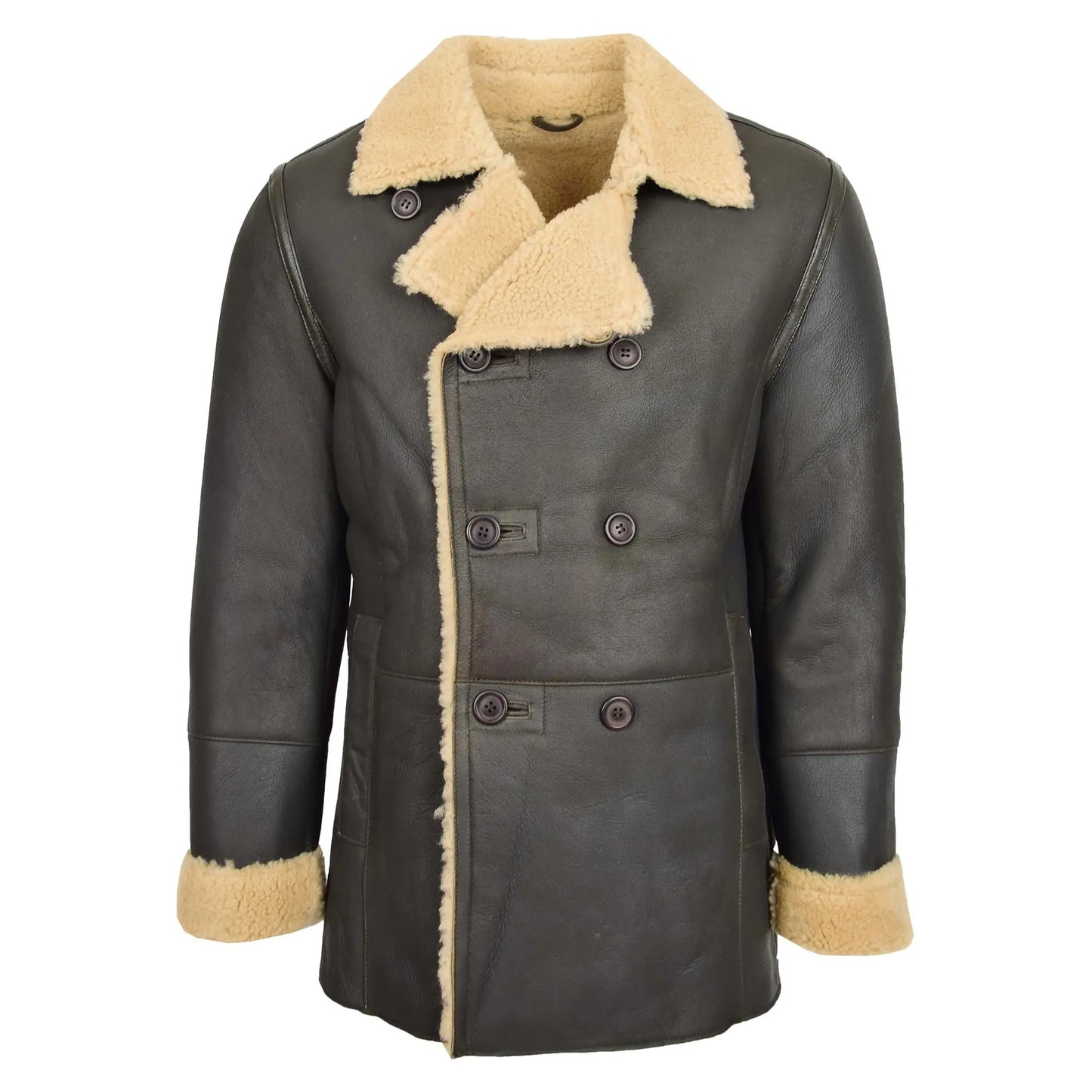 Mens Double Breasted Sheepskin Leather Jacket Theo Brown