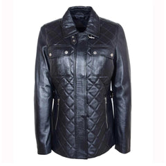 Womens Real Leather Modern Jacket Zip Pockets Quilted ZINA Black