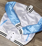 Satin jacket Carolina Blue Arms White Body and Varsity Jacket with Ribbed Cuffs, Interior Zipper, and Starter Sport Jackets