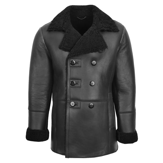 Mens Double Breasted Sheepskin Leather Jacket Theo Black