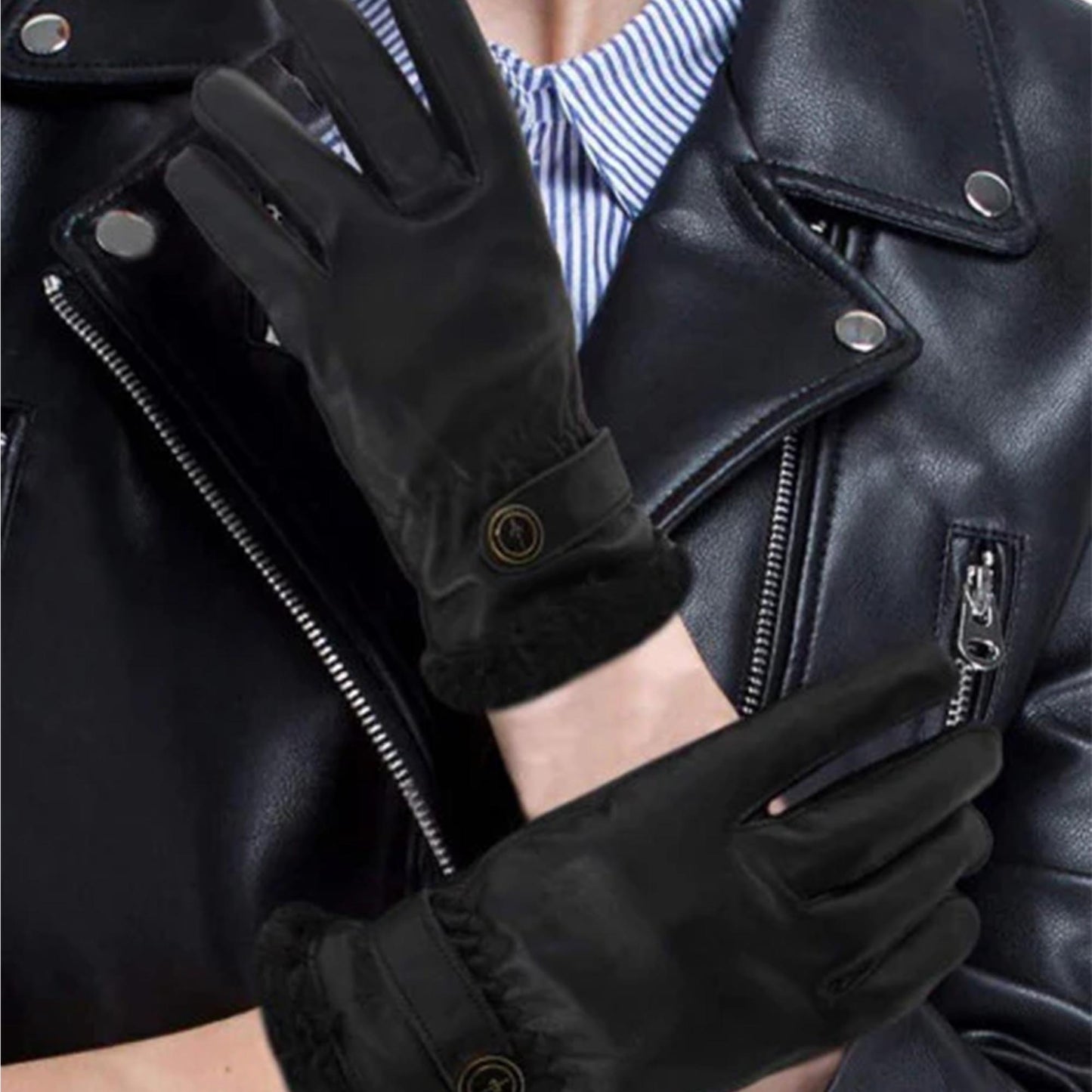 Womens Black Fur Leather Gloves