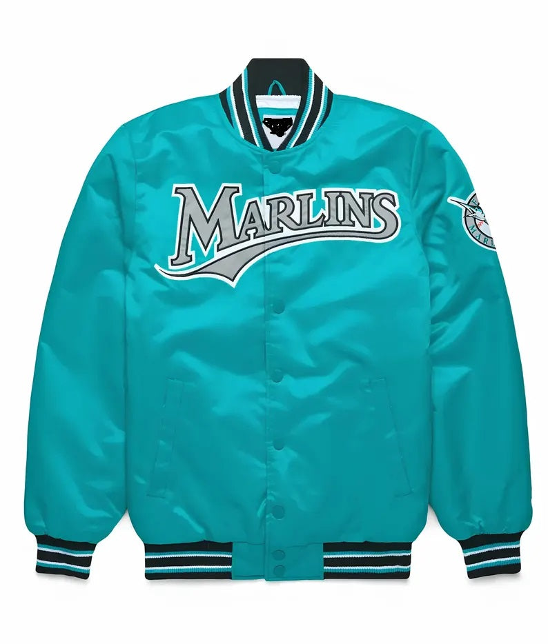 MLB Miami Marlins Varsity Jacket Turquoise Satin Jacket Letterman Jacket Baseball Jackets
