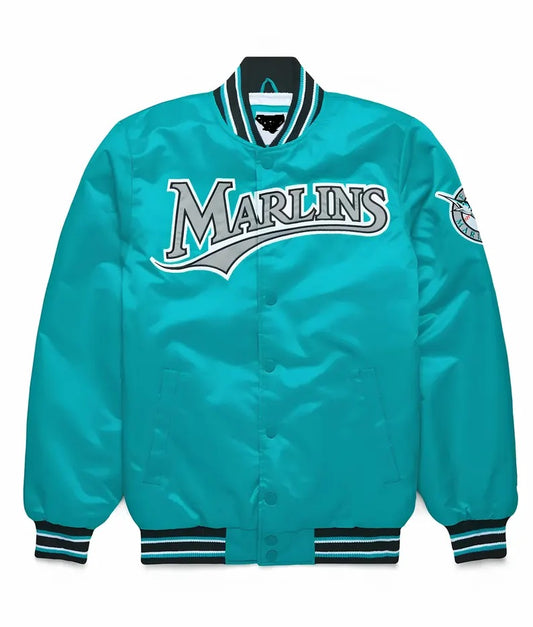 MLB Miami Marlins Varsity Jacket Turquoise Satin Jacket Letterman Jacket Baseball Jackets