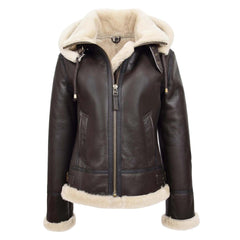 Women's Sheepskin B3 Detachable Hoodie Leather  Jacket Naomi Brown White