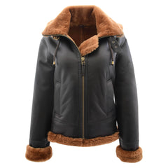 Womens Sheepskin B3 Detachable Hoodie Leather Jacket Naomi Brown Ginger Fur