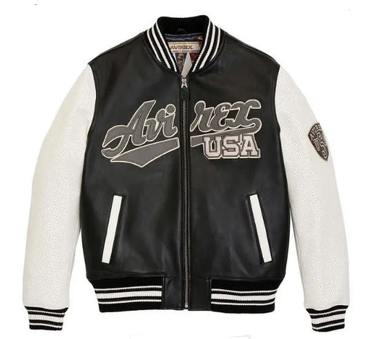 Avirex Script USA Varsity Leather Jacket- Black