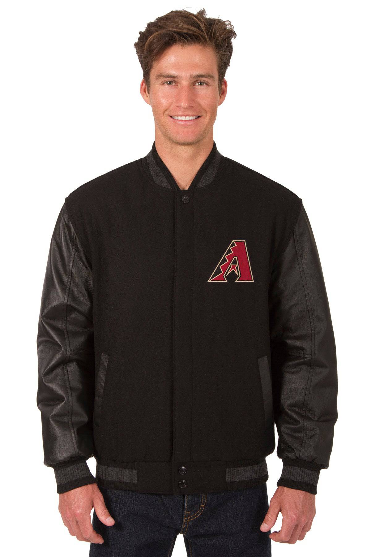 Arizona Diamondbacks Leather & Wool Reversible Jacket w/ Embroidered Logos - Black