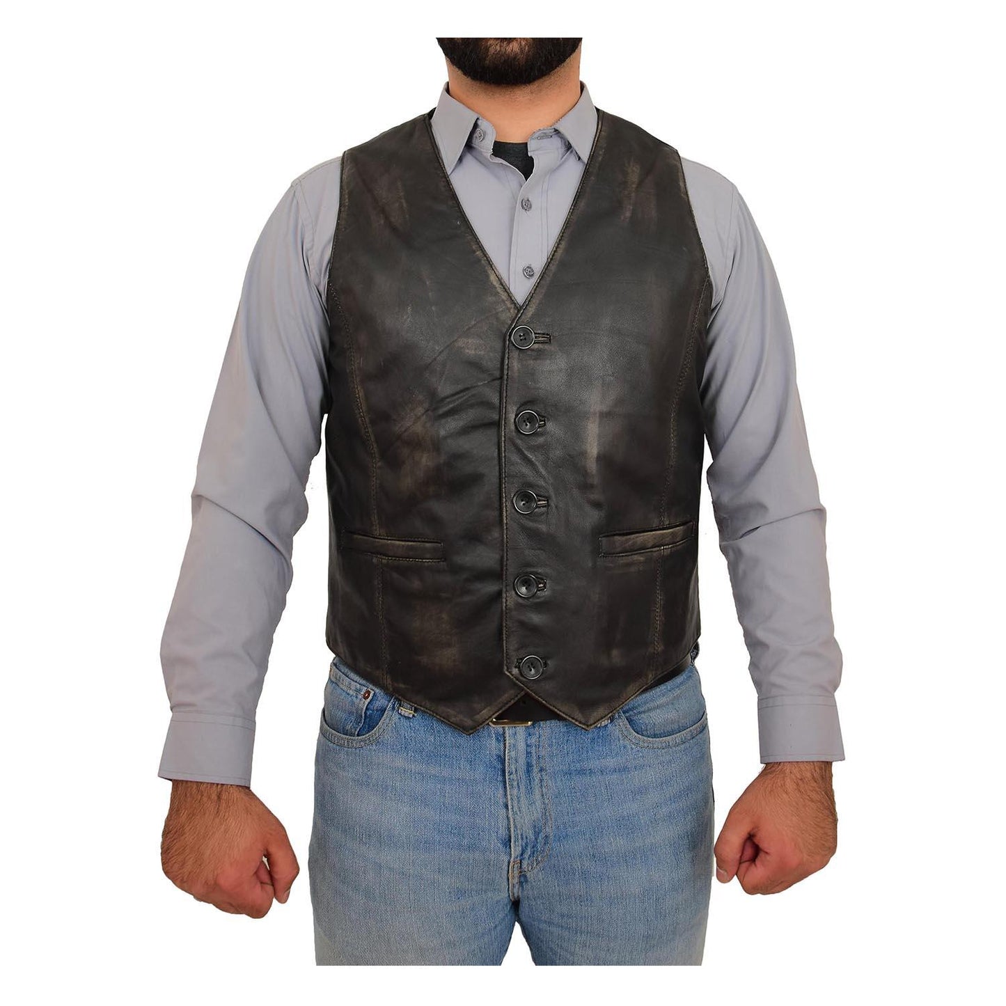 Men's Button Fastening Leather Waistcoat Nick Black