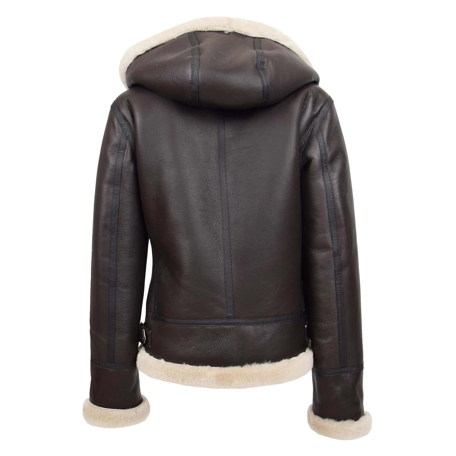 Women's Sheepskin B3 Detachable Hoodie Leather  Jacket Naomi Brown White