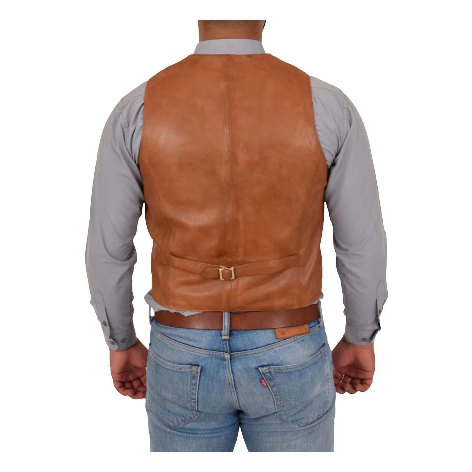 Mens Button Fastening Sheepskin Leather Waistcoat Nick Tan