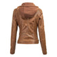 Lock and Love Women's Removable Hooded Leather Jacket Moto Biker Coat - Tan
