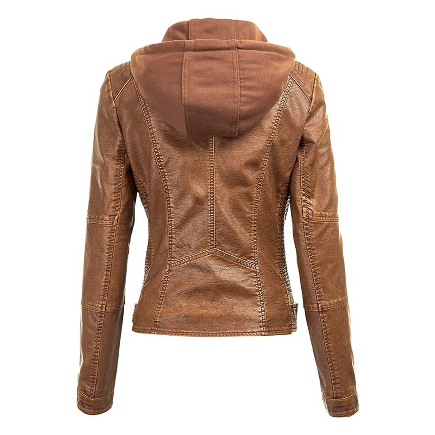 Lock and Love Women's Removable Hooded Leather Jacket Moto Biker Coat - Tan