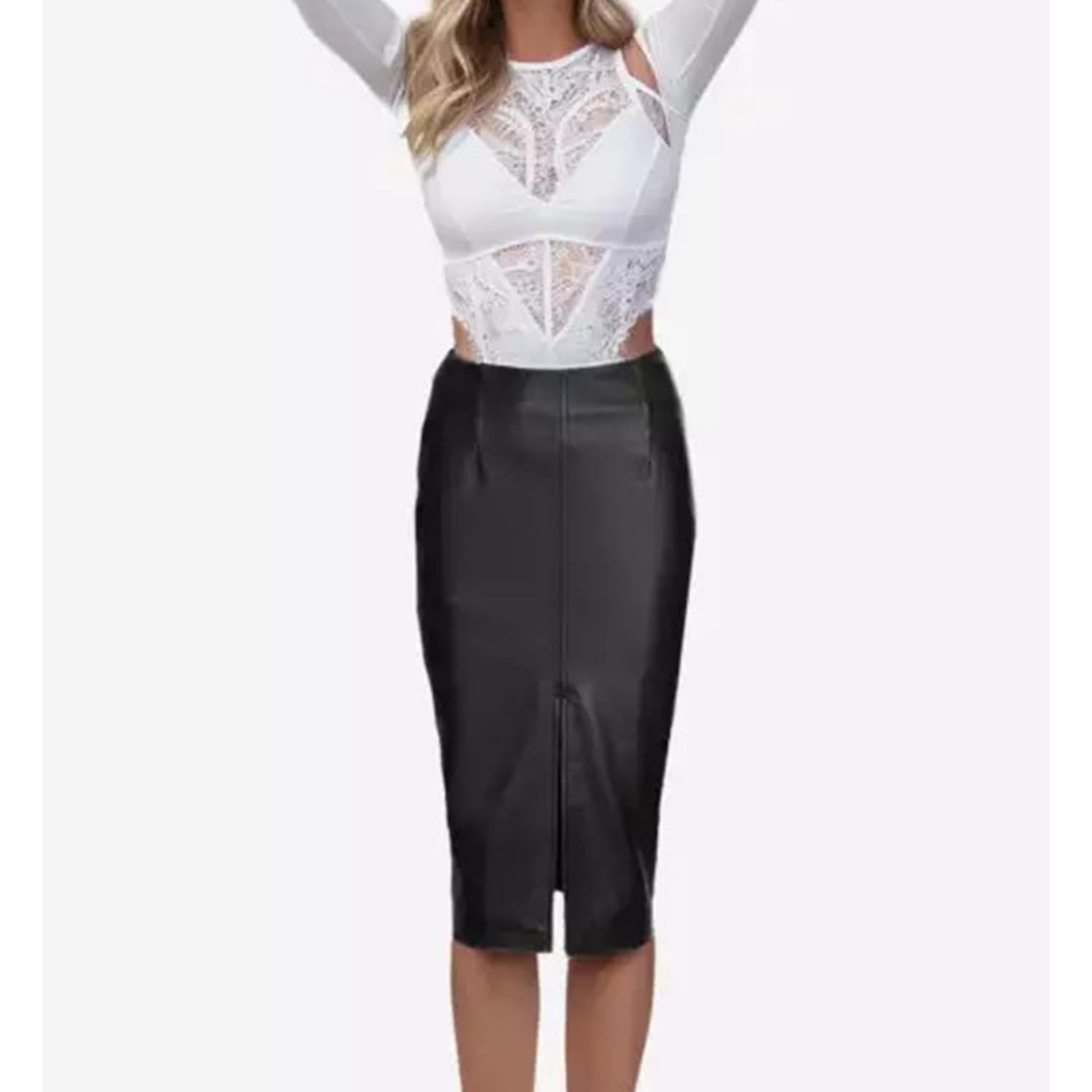 Women Black Knee Length Leather Pencil Skirt