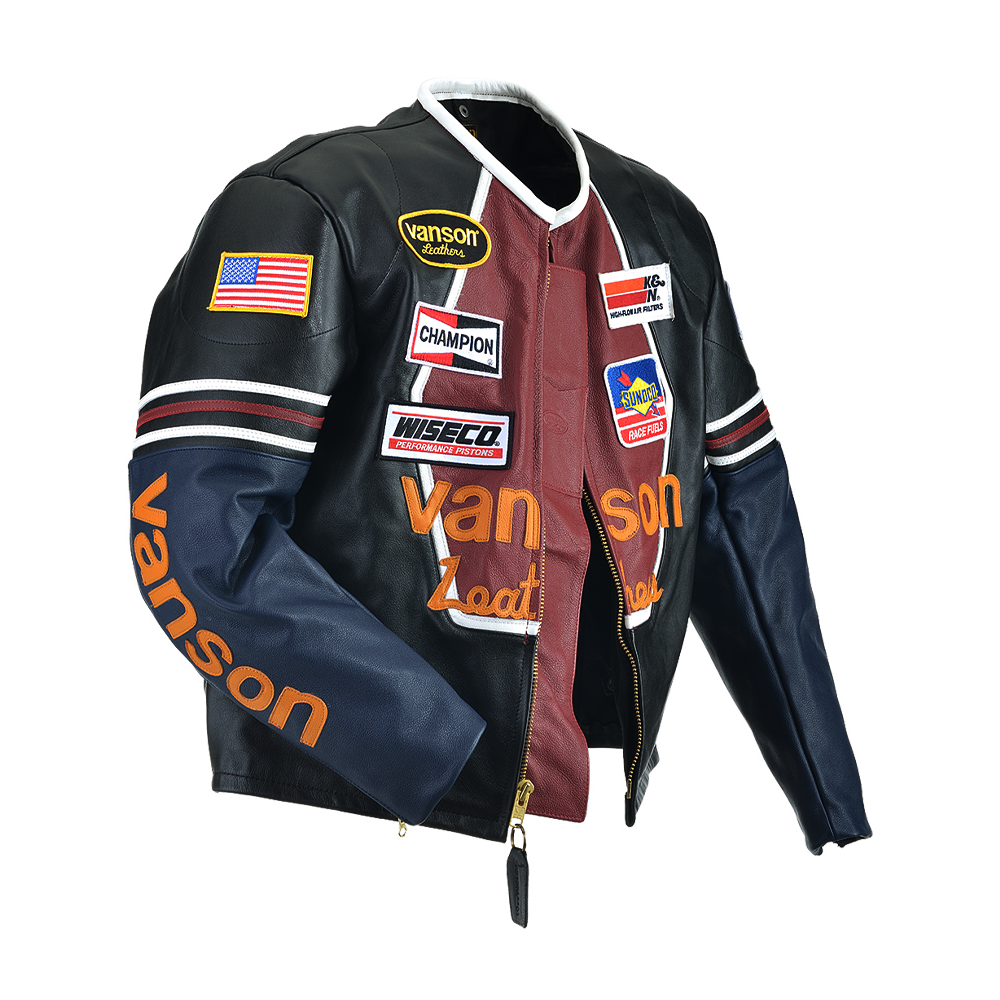 Vanson Star Jacket Leather Jacket Black + Red Competition Lea.
