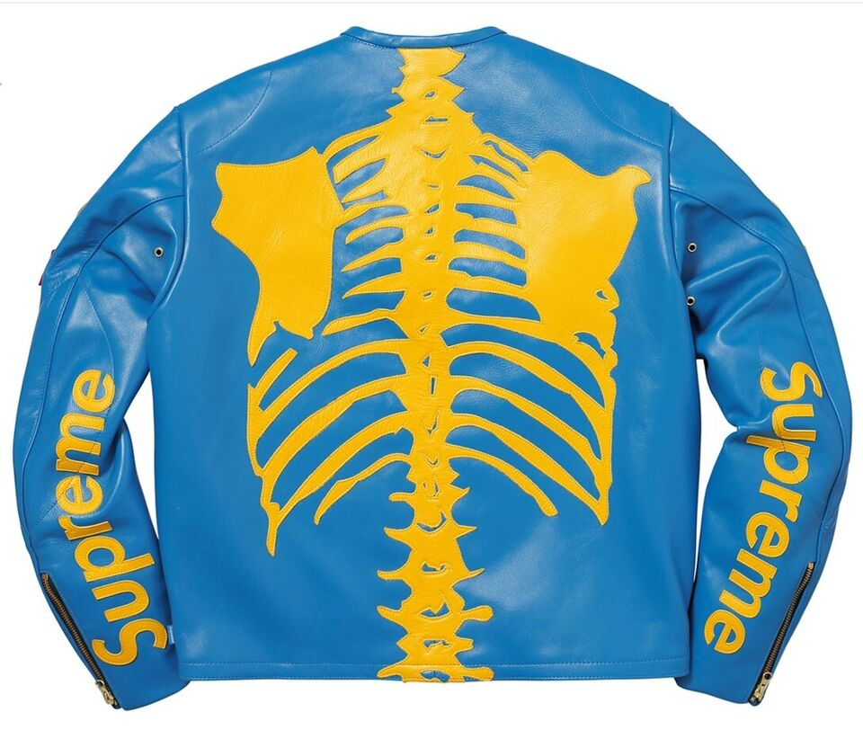 Supreme Vanson Leather Bones Jacket Handmade Skeleton Café Racer Blue Jacket (Blue-Yellow)