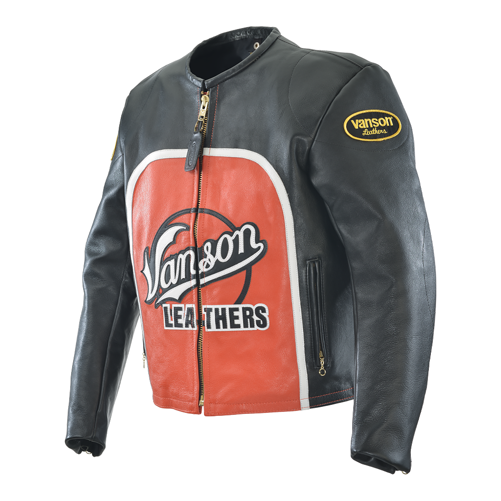 VANSON SPEEDWAY CLASSIC LEATHER JACKET AMERICAN BLACK + ORANGE
