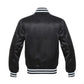 Bomber Style Satin Varsity Jacket With White Stripes-Black