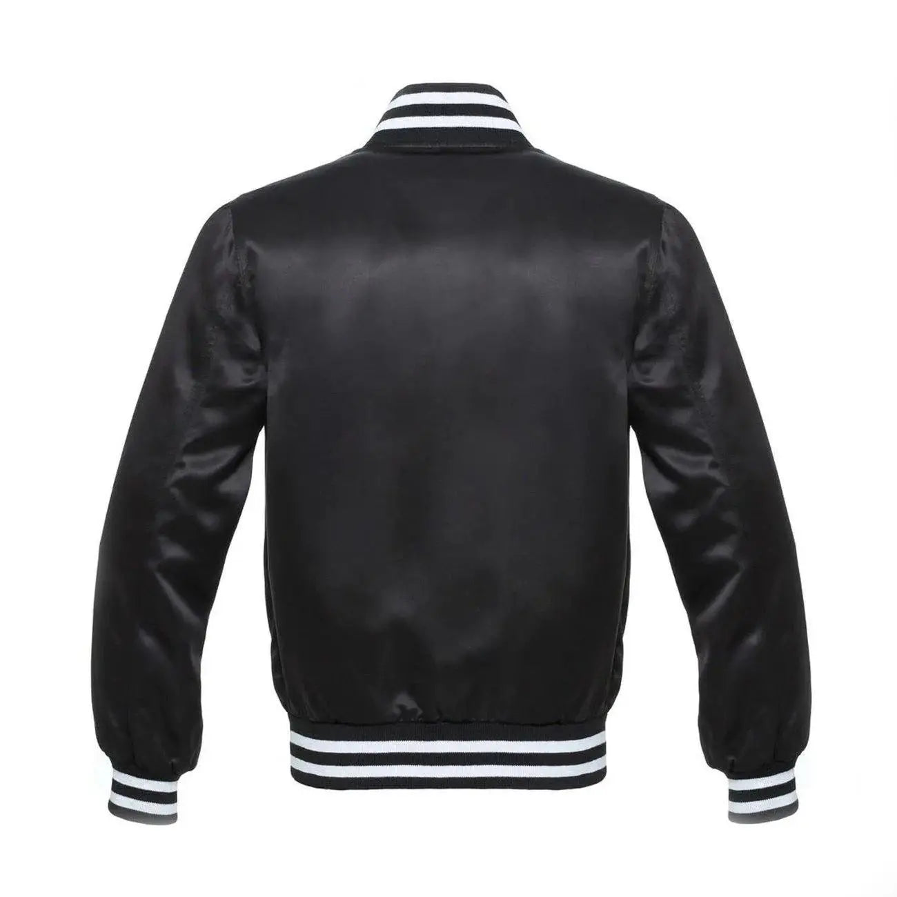 Bomber Style Satin Varsity Jacket With White Stripes-Black
