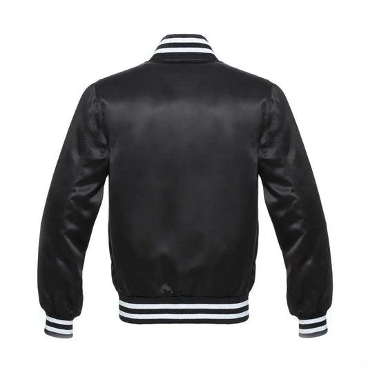 Bomber Style Satin Varsity Jacket With White Stripes-Black