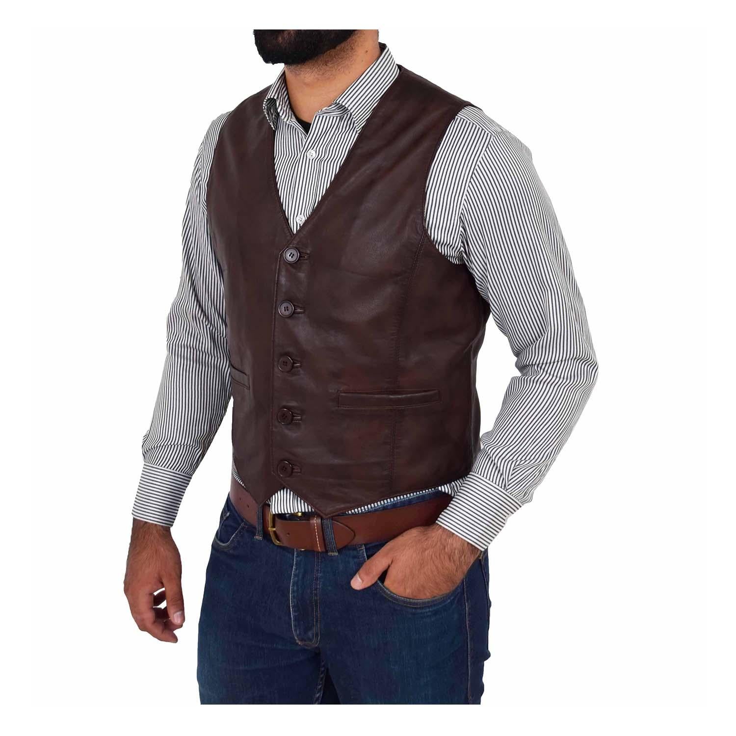 Men's Button Fastening Leather Waistcoat Nick Brown