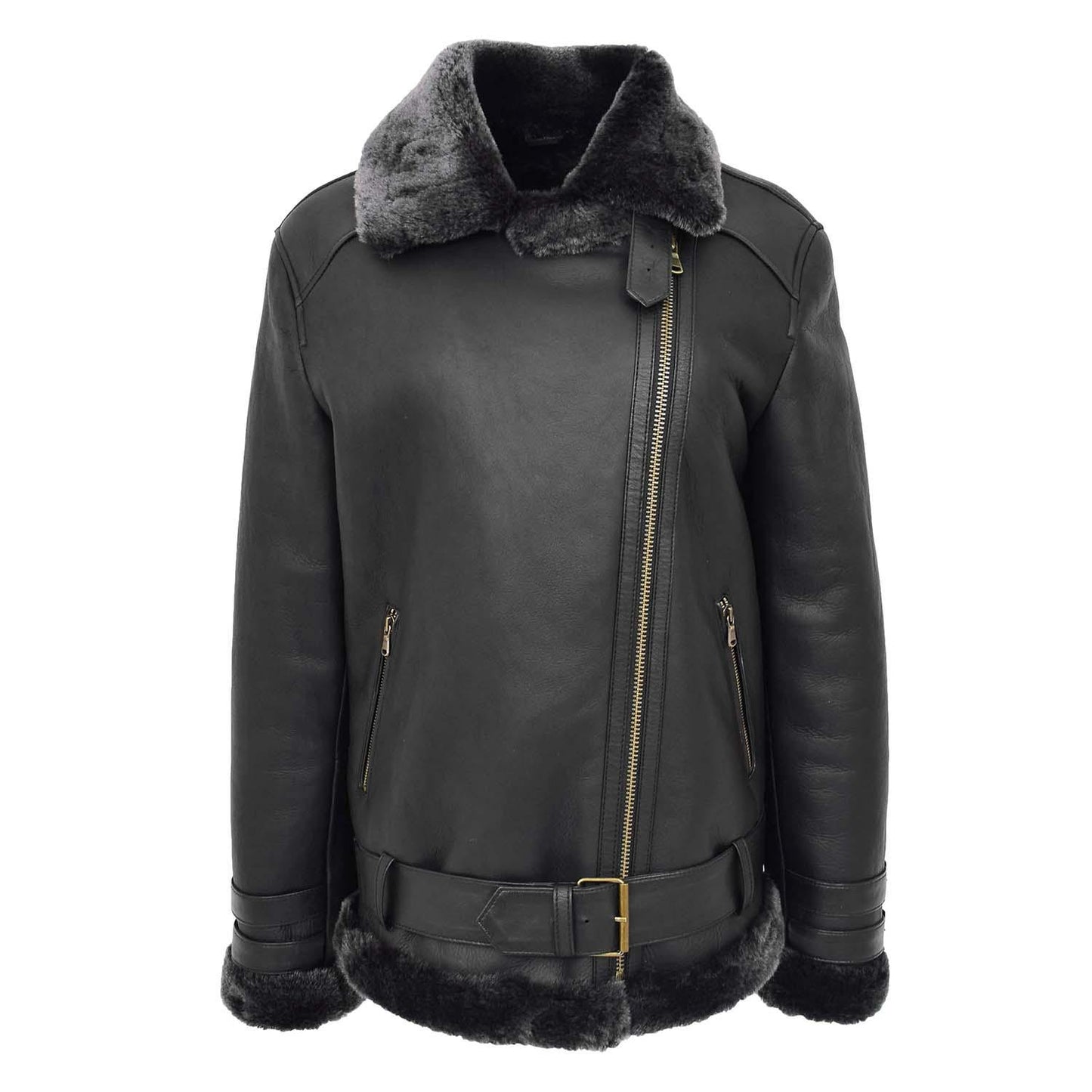 Women's Sheepskin Leather Aviator Cross Zip Pilot Jacket Lena Black