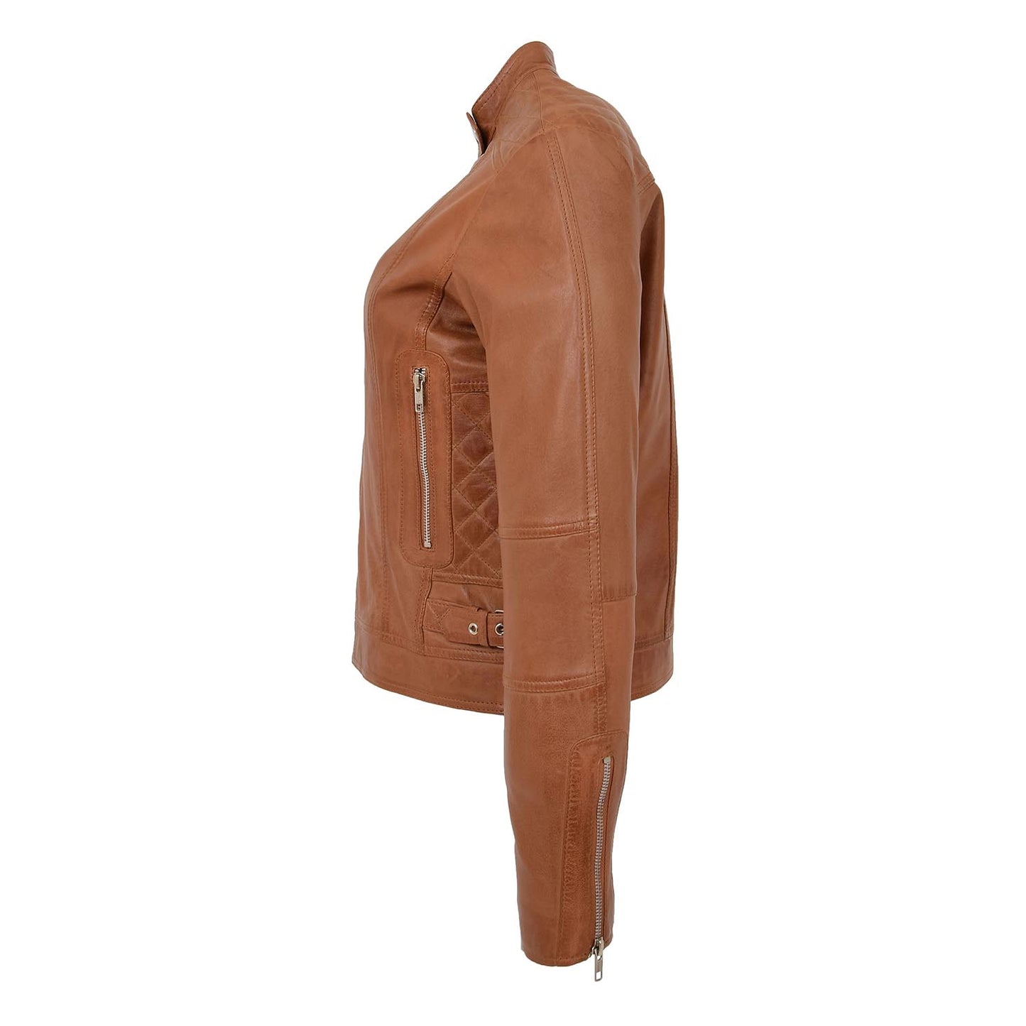 Womens Soft Leather Casual Zip Biker Jacket Ruby Tan