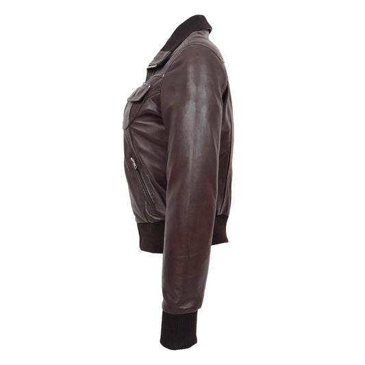 Womens Leather Classic Bomber Jacket Motto Brown