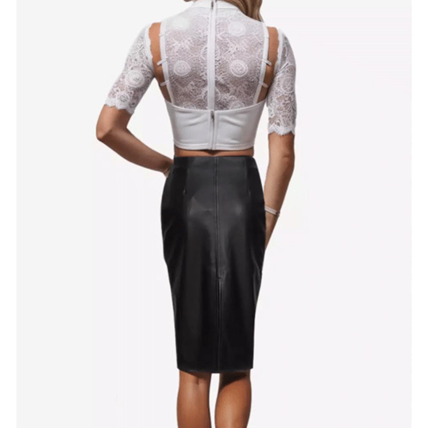 Women Black Knee Length Leather Pencil Skirt