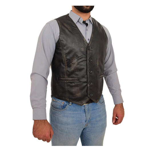 Men's Button Fastening Leather Waistcoat Nick Black