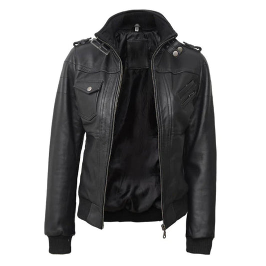 Women's Black Leather Bomber Jacket with Removable Hoodie