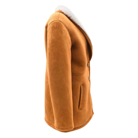 Womens Cognac Sheepskin Coat Mid Length White Merino Brenda