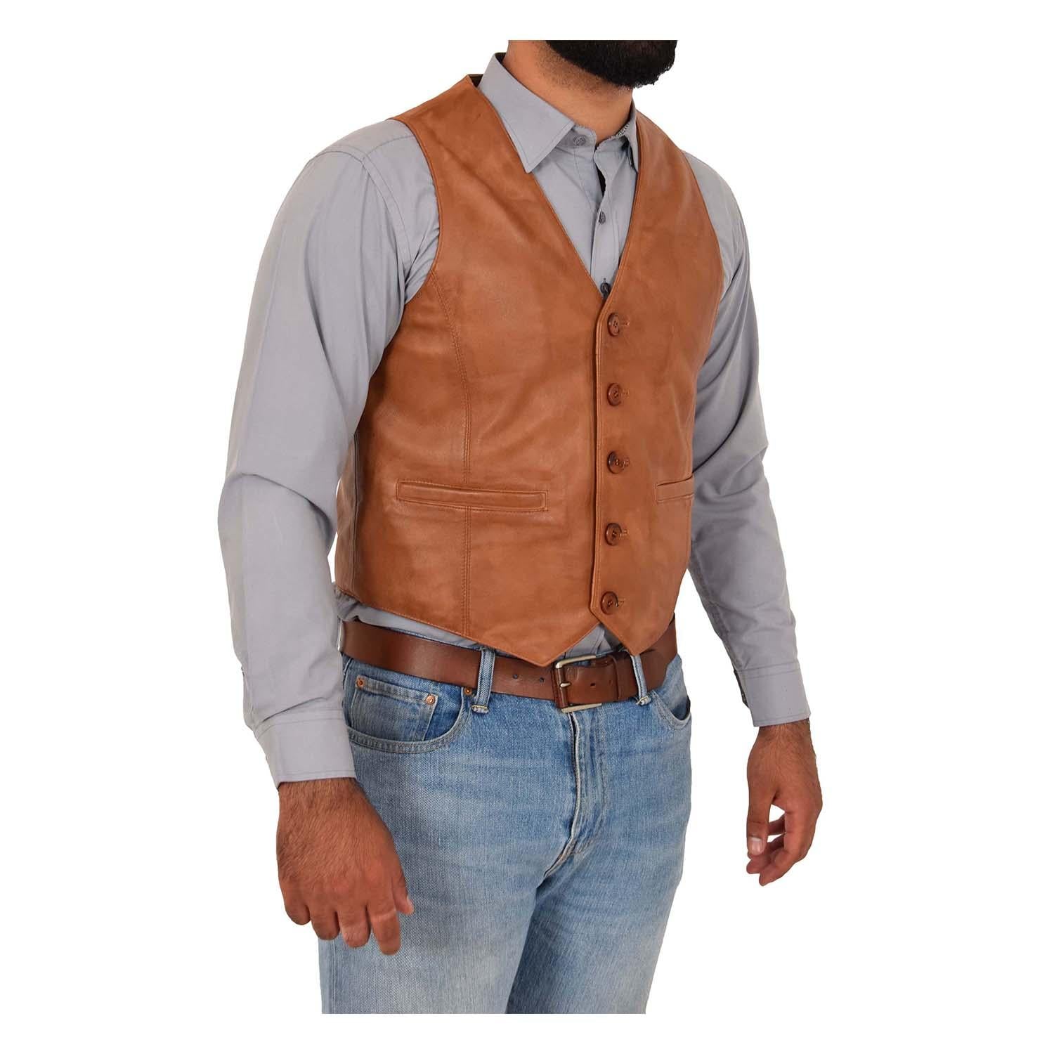 Mens Button Fastening Sheepskin Leather Waistcoat Nick Tan