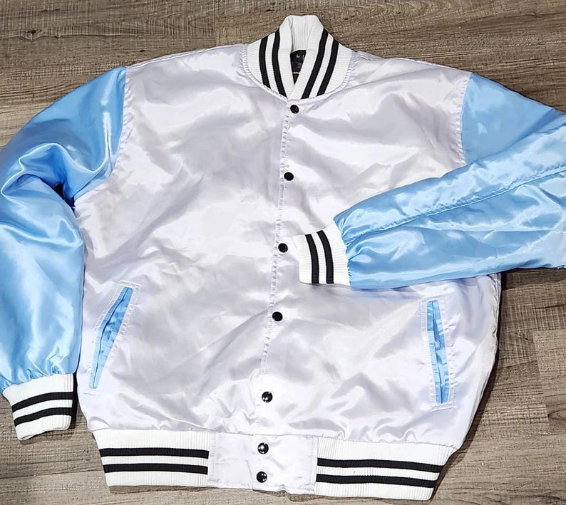 Satin jacket Carolina Blue Arms White Body and Varsity Jacket with Ribbed Cuffs, Interior Zipper, and Starter Sport Jackets