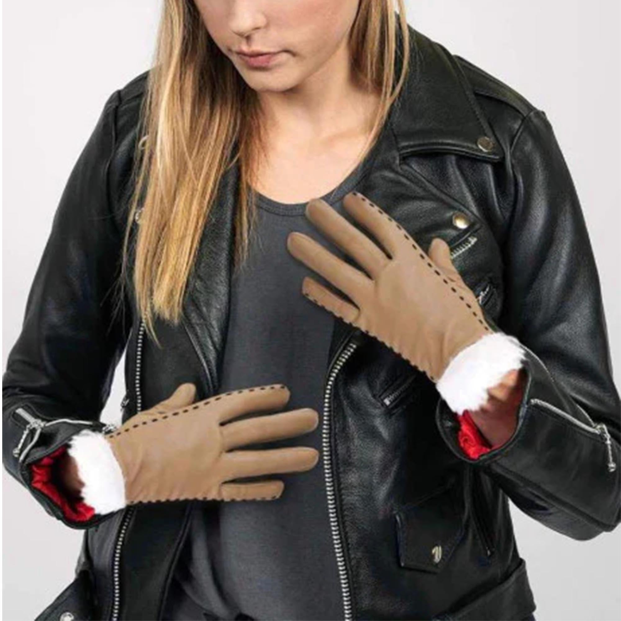 Womens Brown Fur Leather Gloves