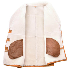 Womens Cognac Sheepskin Coat Mid Length White Merino Brenda