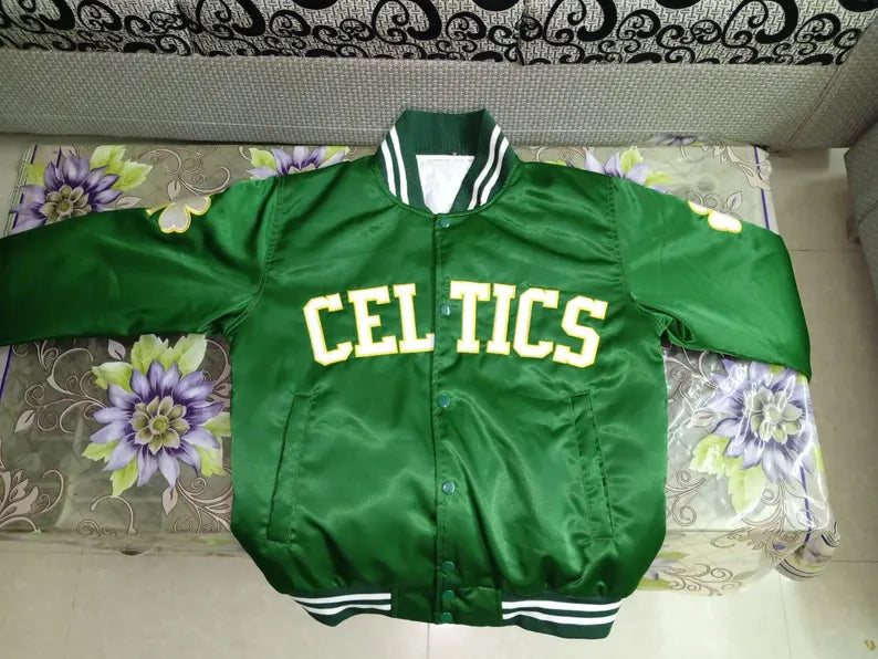 Boston Celtics Green Satin Bomber Varsity Jacket NBA Basketball Bomber Men Jacket-Geen