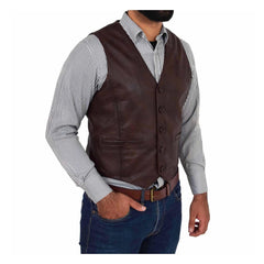 Men's Button Fastening Leather Waistcoat Nick Brown