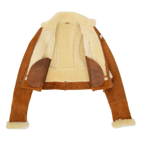 Womens Sheepskin Aviator Pilot Leather Jacket Nora Tan White