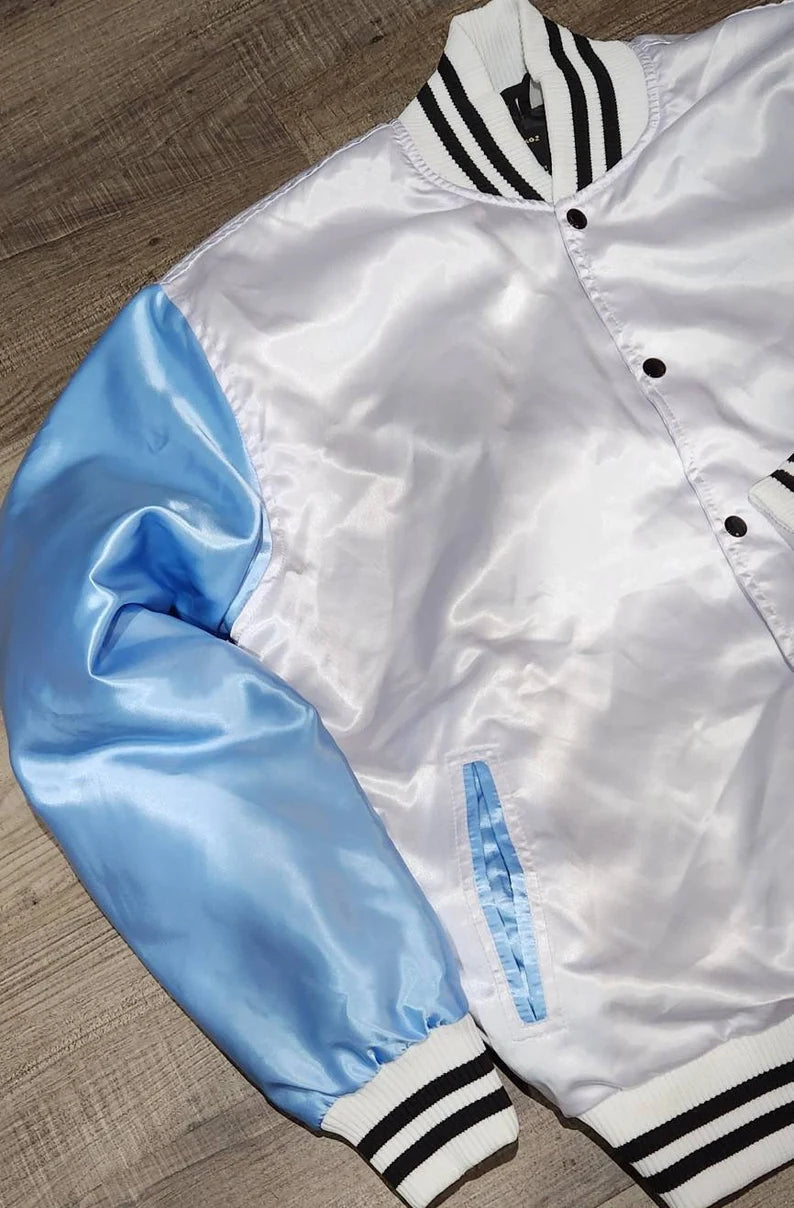 Satin jacket Carolina Blue Arms White Body and Varsity Jacket with Ribbed Cuffs, Interior Zipper, and Starter Sport Jackets