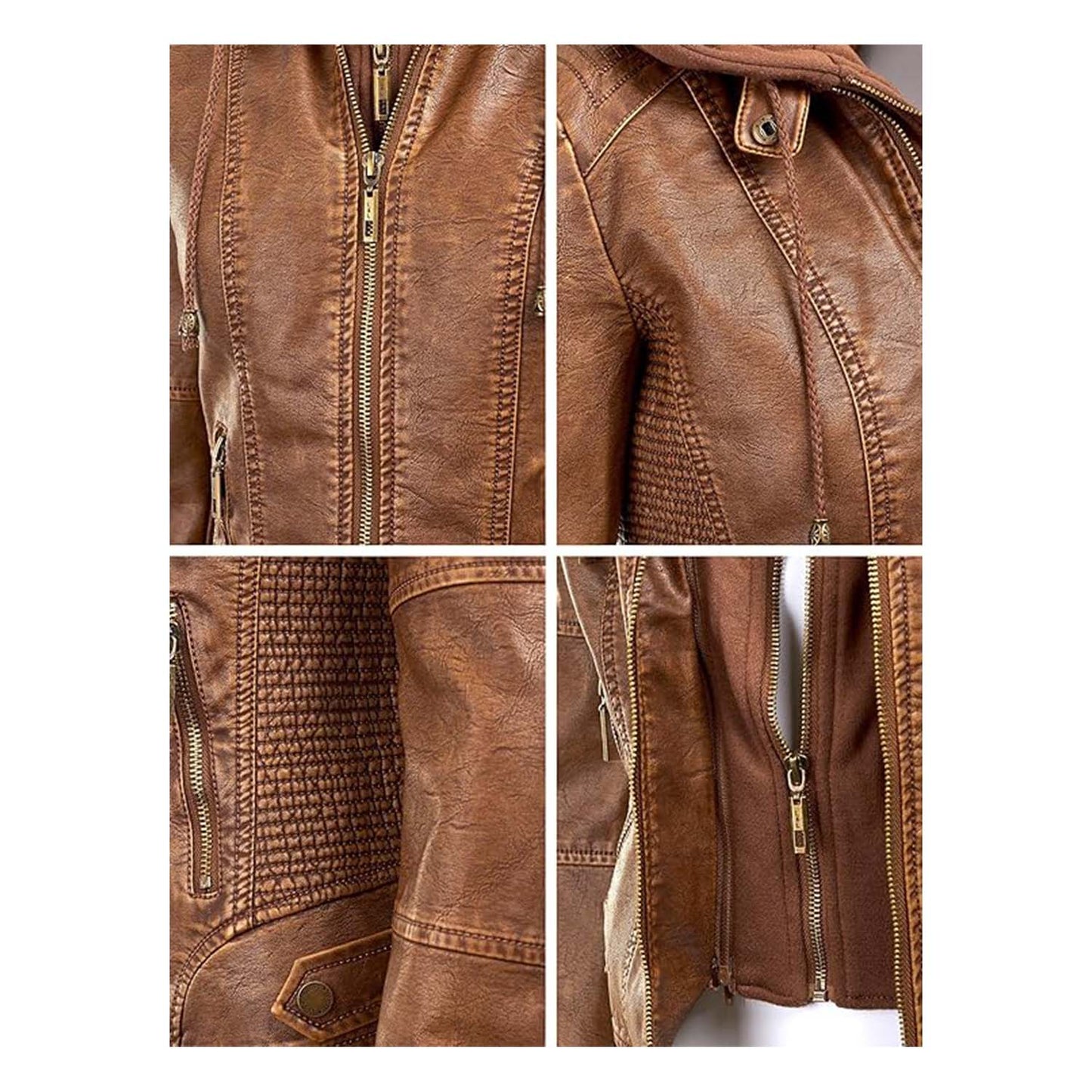 Lock and Love Women's Removable Hooded Leather Jacket Moto Biker Coat - Tan