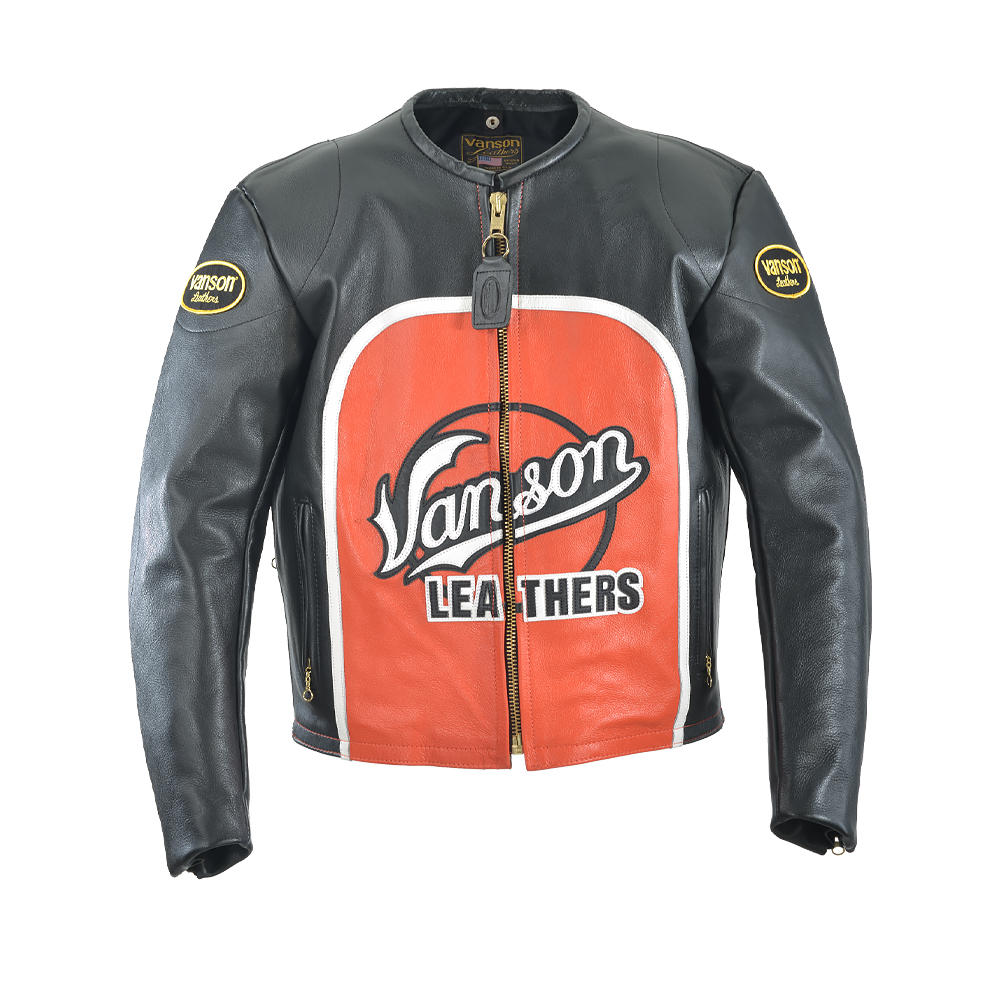 VANSON SPEEDWAY CLASSIC LEATHER JACKET AMERICAN BLACK + ORANGE