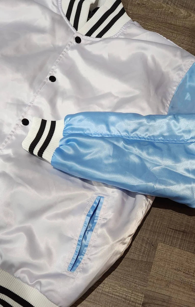 Satin jacket Carolina Blue Arms White Body and Varsity Jacket with Ribbed Cuffs, Interior Zipper, and Starter Sport Jackets