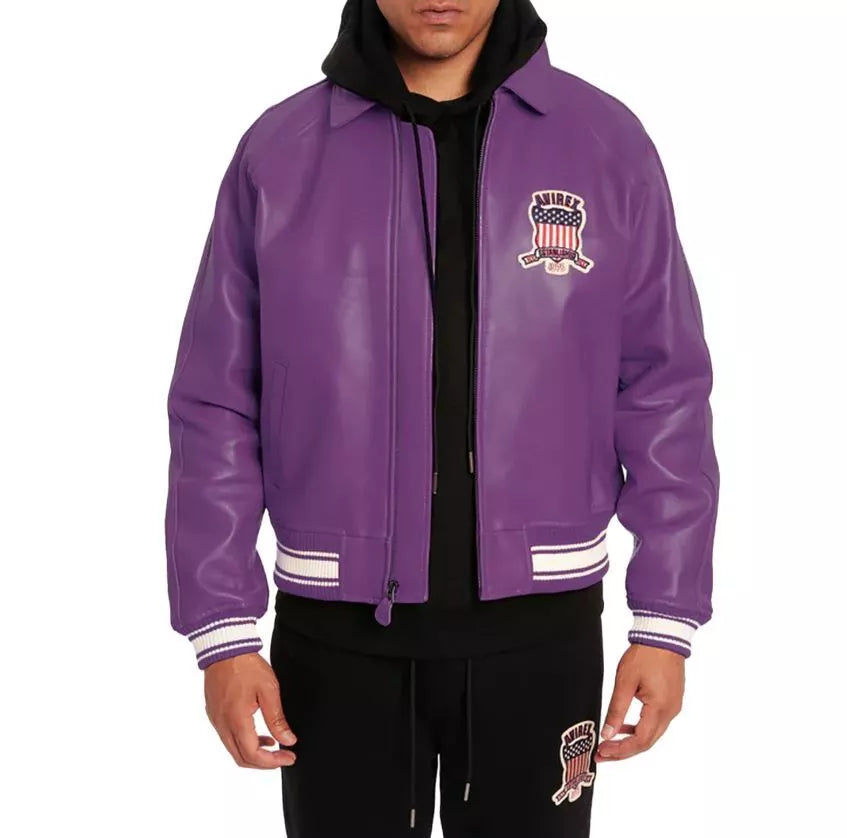 AVIREX Men's Real Bomber Jacket American Flight purple Leather Jackets