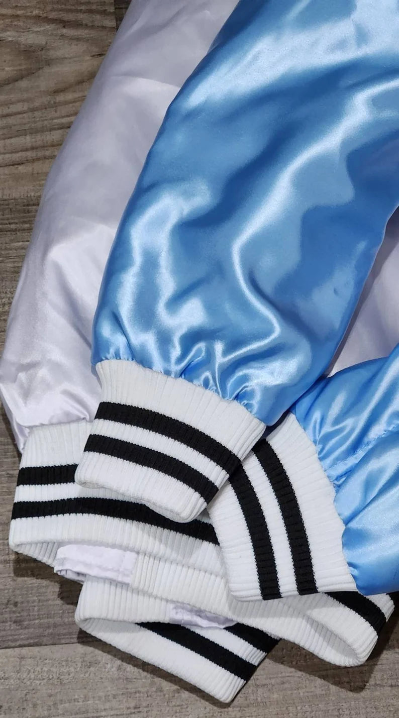 Satin jacket Carolina Blue Arms White Body and Varsity Jacket with Ribbed Cuffs, Interior Zipper, and Starter Sport Jackets