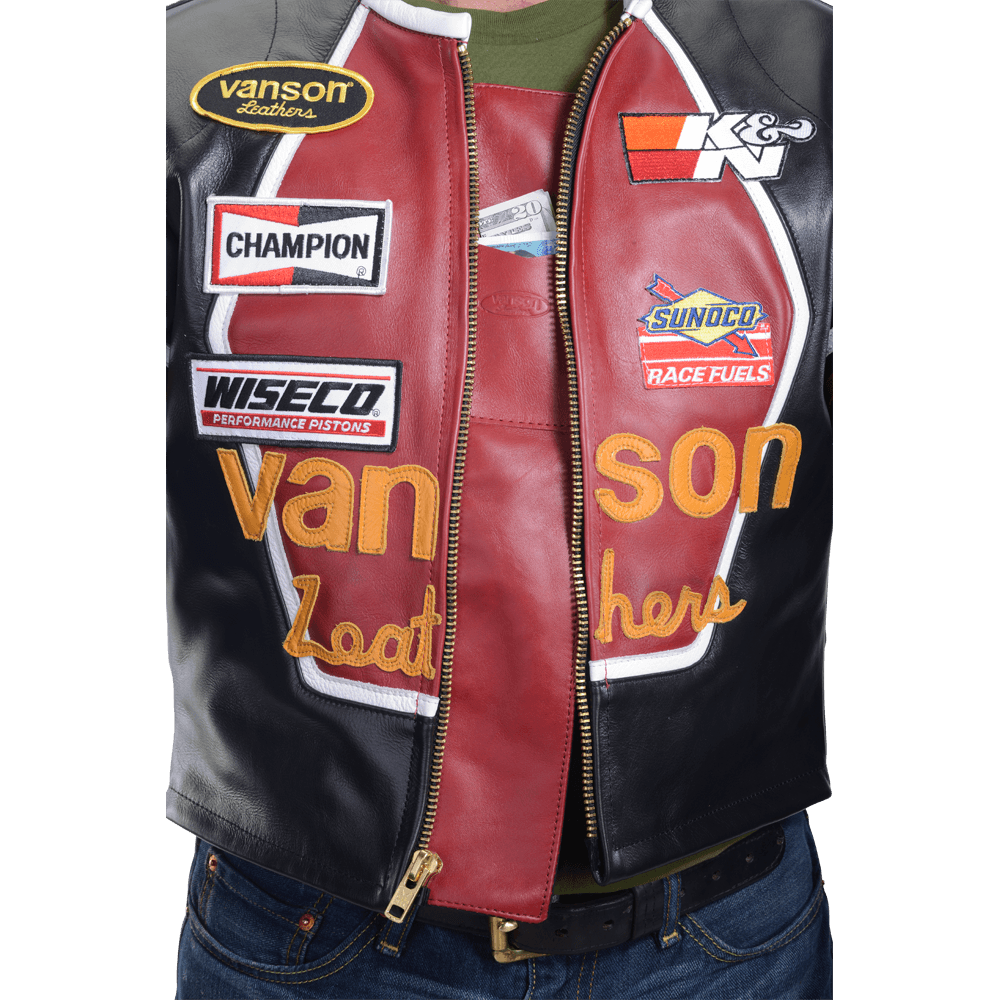 Vanson Star Jacket Leather Jacket Black + Red Competition Lea.
