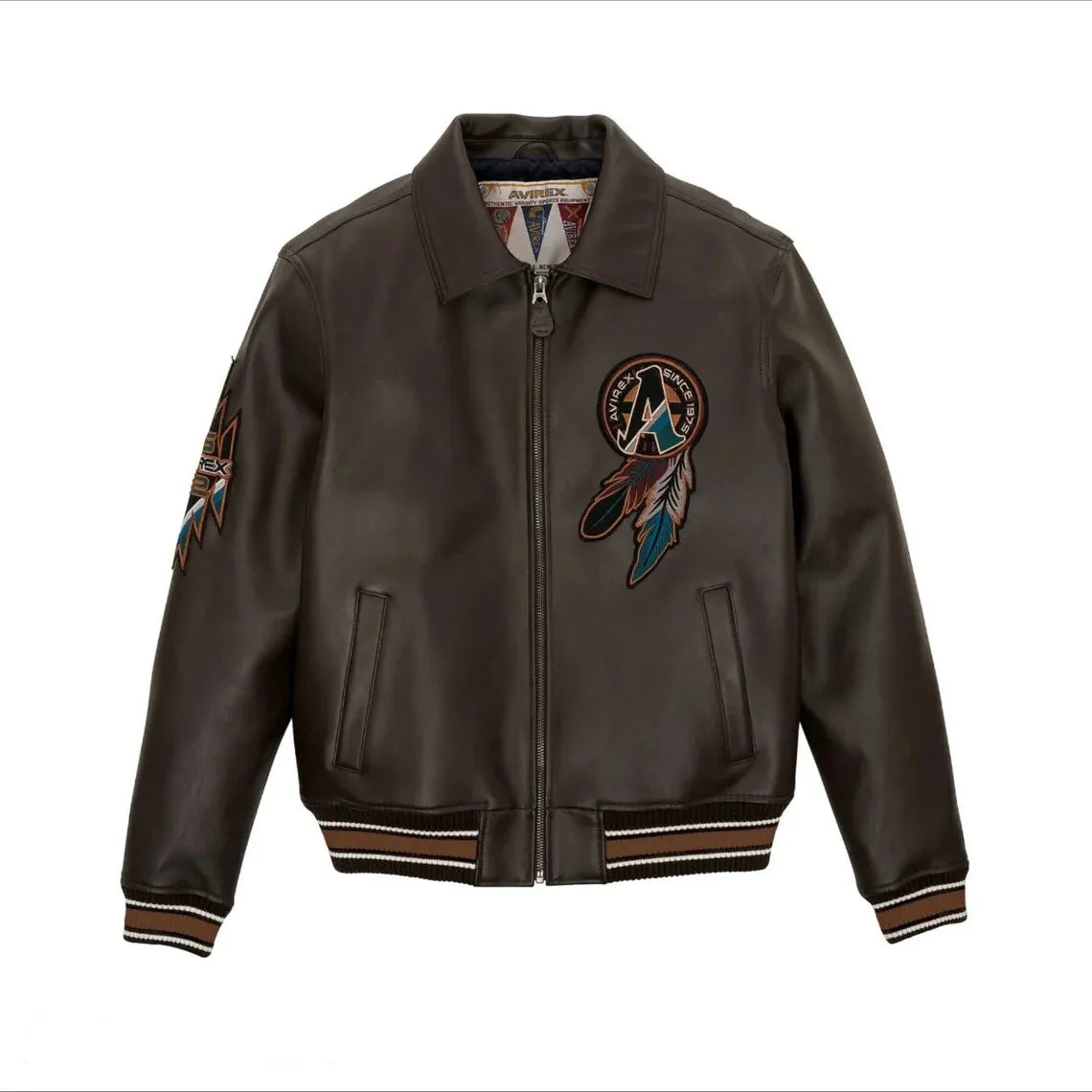 Primum Quality Men's Avirex Brown Real Bomber Flight, Embroidery Jacket Lamb Skin Leather Jackets
