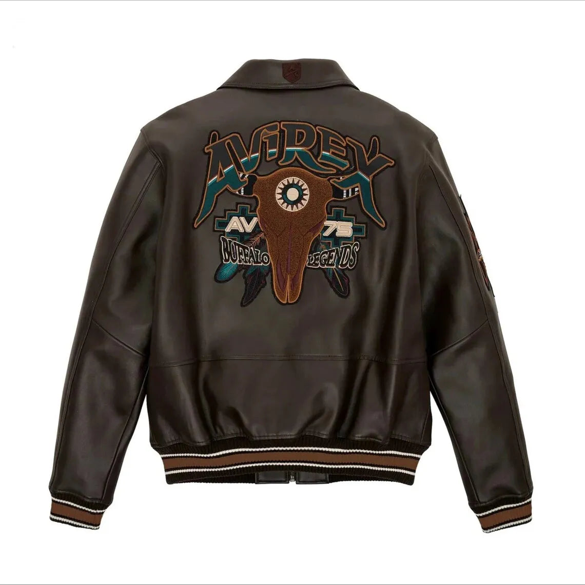 Primum Quality Men's Avirex Brown Real Bomber Flight, Embroidery Jacket Lamb Skin Leather Jackets