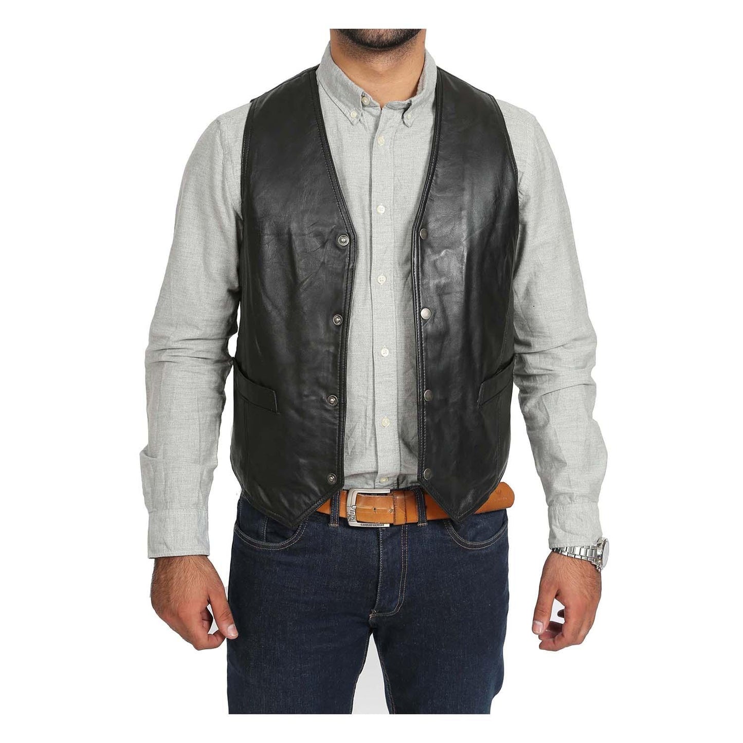 Mens Leather Traditional Waistcoat Petrelli Black
